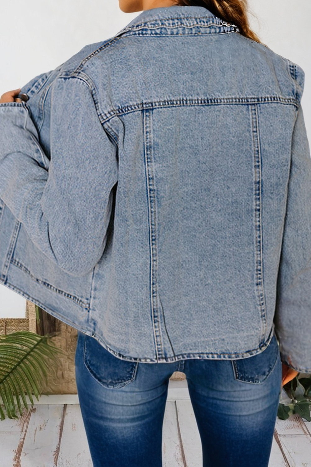 light blue Scallop Collar Pocket Button Up Denim Jacket for winter for wholesale on Faire2