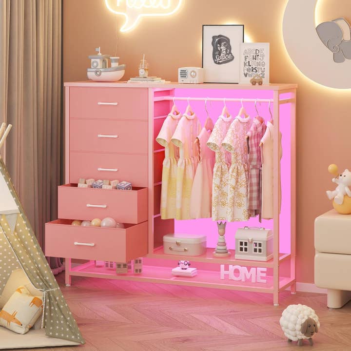 Dresser for Bedroom, Dresser with Hanging Rack Led Lights and Charging Station, Tall Dresser with 5 Fabric Chest of Drawers with PU Finish Storage Organizer, for Living Room Kids Room Closet, Pink for wholesale on Faire1