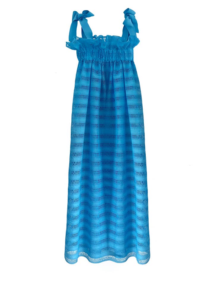 Jaime-jurk voor dames in blauw geborduurd katoen voor wholesale door Casey Marks