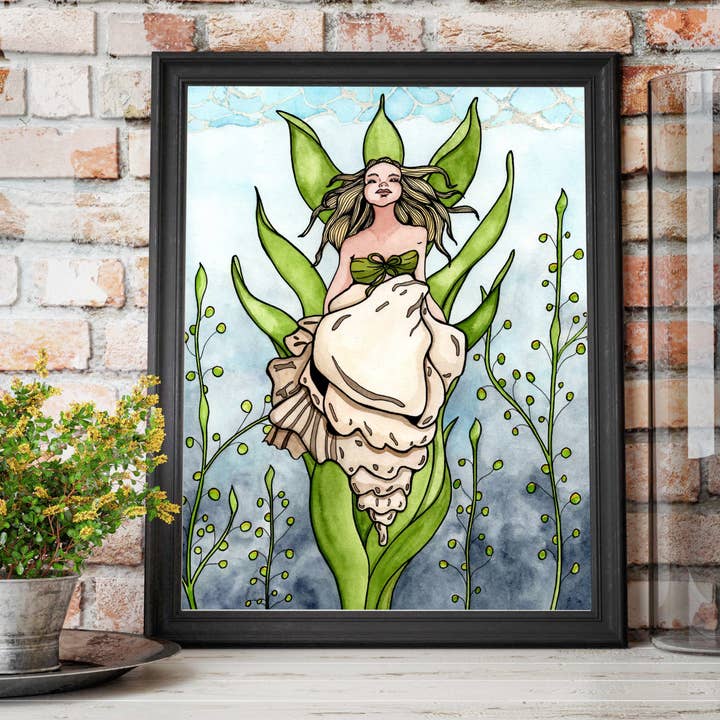 Pittura ad acquerello «Shell Siren»: stampa artistica per la vendita all'ingrosso da parte di PinkPolish Design