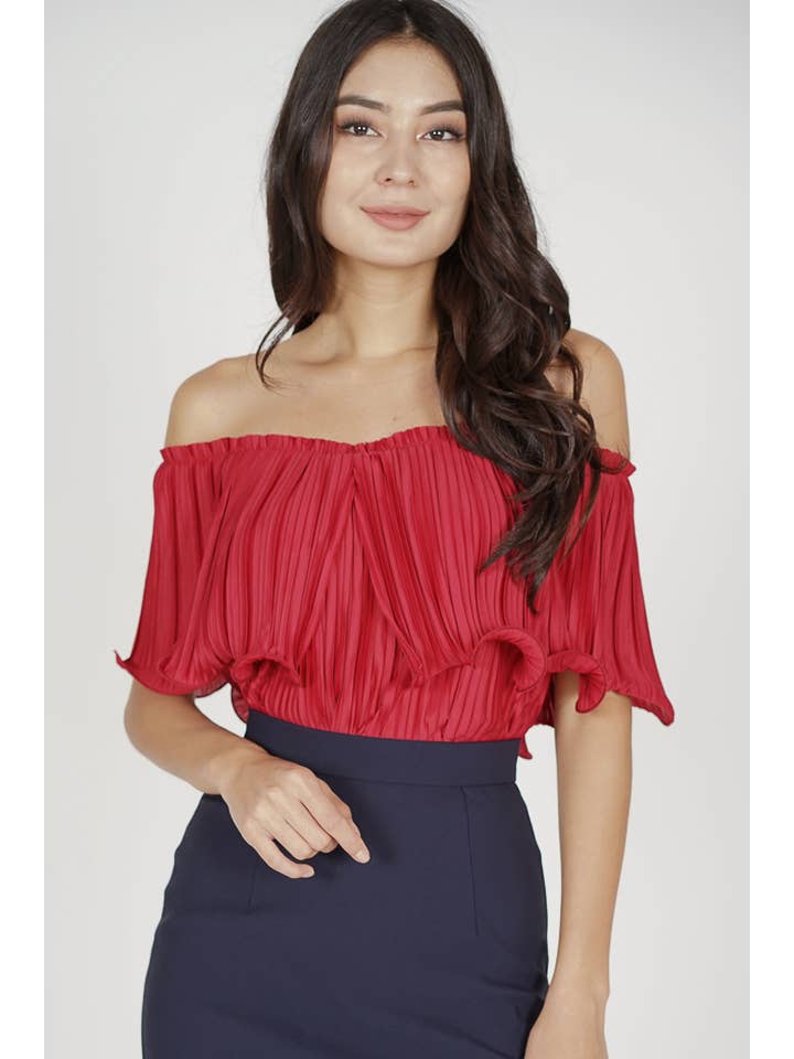 MDS - Vente Chemisier – femme - Top plissé à volants Jubi en rouge1