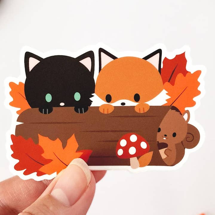 Autumn Fox and Cat Vinyl Sticker for wholesale by Meow Amor Creative