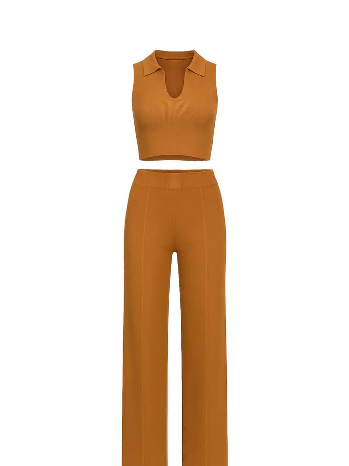 Conjunto de Top Curto sem Mangas com Gola e Calças por atacado de RIVIR