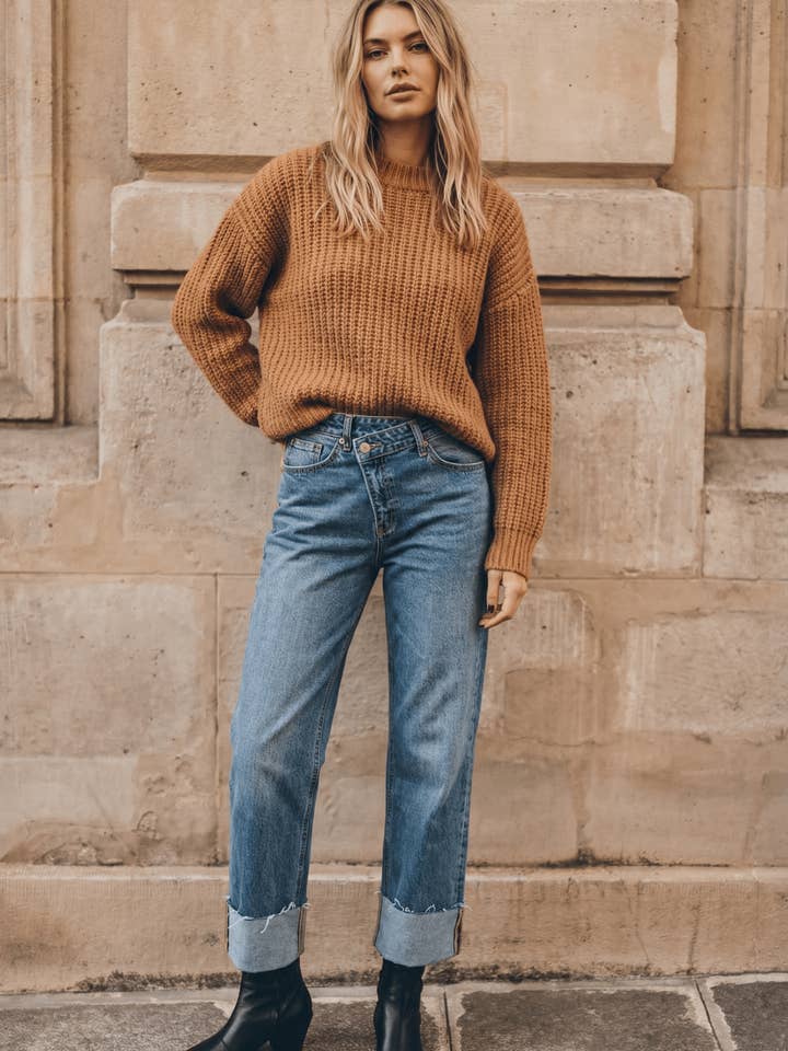 DUAL ACCENT CROSSOVER CUFF STRAIGHT LEG JEANS for wholesale by ARTEMIS VINTAGE