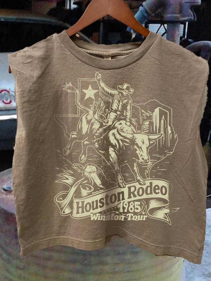 Houston Rodeo 1985 Finals Boxy Midriff Muscle top for wholesale by Country Deep Apparel