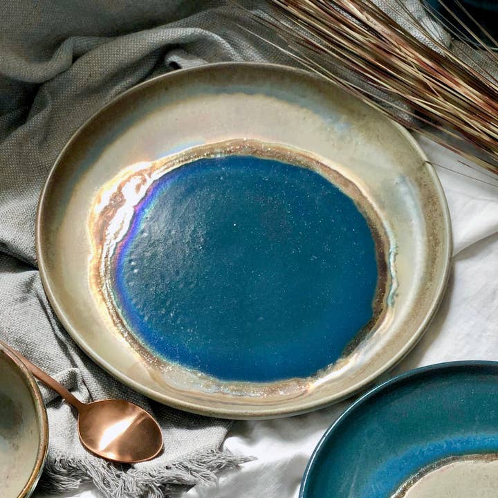 Los Artisans - Vente Assiette - Assiettes à dîner vertes rustiques et bleu paon avec or métallisé