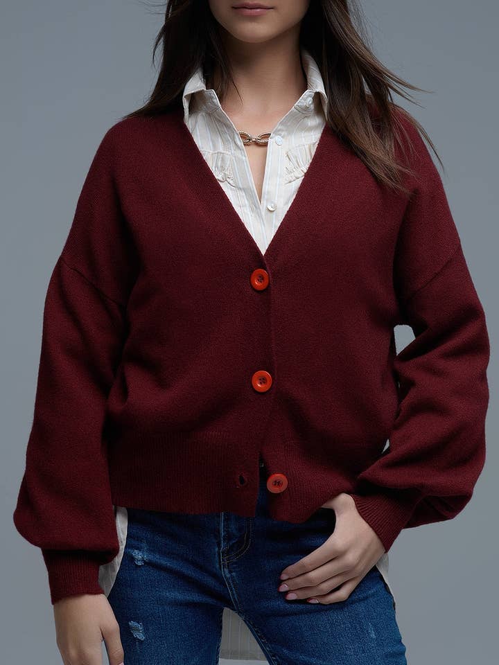 Basic V-neck Cardigan With Long Sleeve in burgundy for wholesale by Q2—All Orders:Free Duties for the US,UK,and Canada