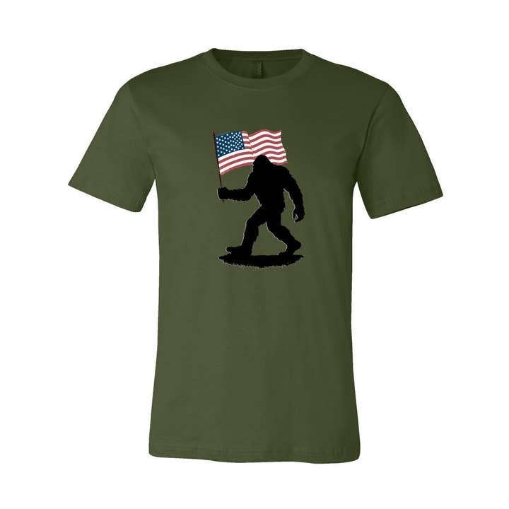Sasquatch: American Flag - Unisex Jersey T (Warehouse) for wholesale by Wears The Mountain