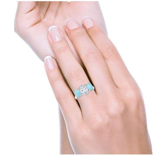 3-Stone Oval Simulated Larimar Center Stone Clear CZ Fashion Ring for wholesale on Faire5