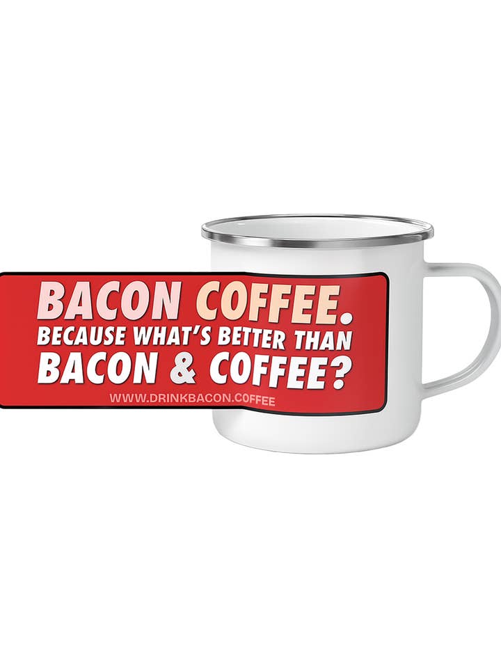 (Practically) Indestructible "Bacon & Coffee" Enamel Metal Cup for wholesale by Mornin' Sizzle Coffee Roasters