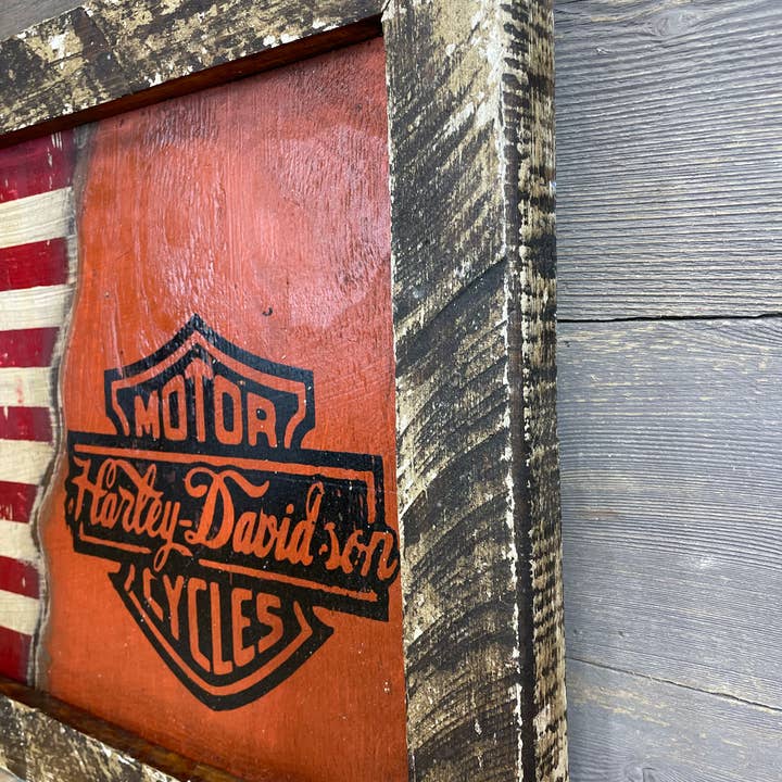 My Amigos Imports - Wholesale Sign - Harley Davidsonâ„¢ Flag-Framed-Rustic-USA-28x17 inches-NEW
