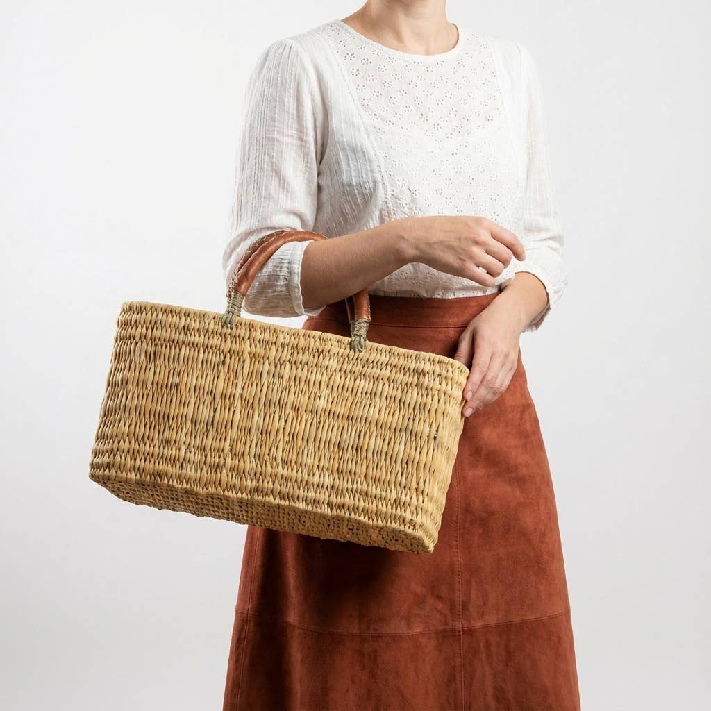 Brown Rectangular Reed Storage Basket Leather Handle Market Tote for wholesale on Faire6