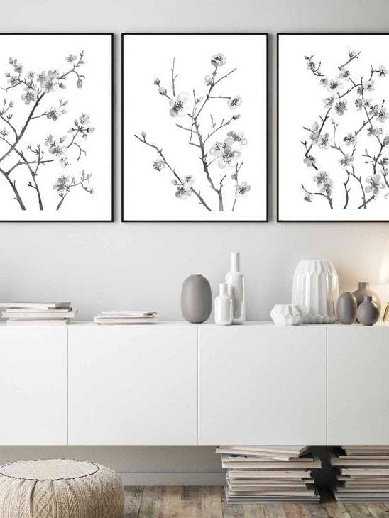 Set di 3 fiori di ciliegio in bianco e nero per la vendita all'ingrosso da parte di Goodfairyart