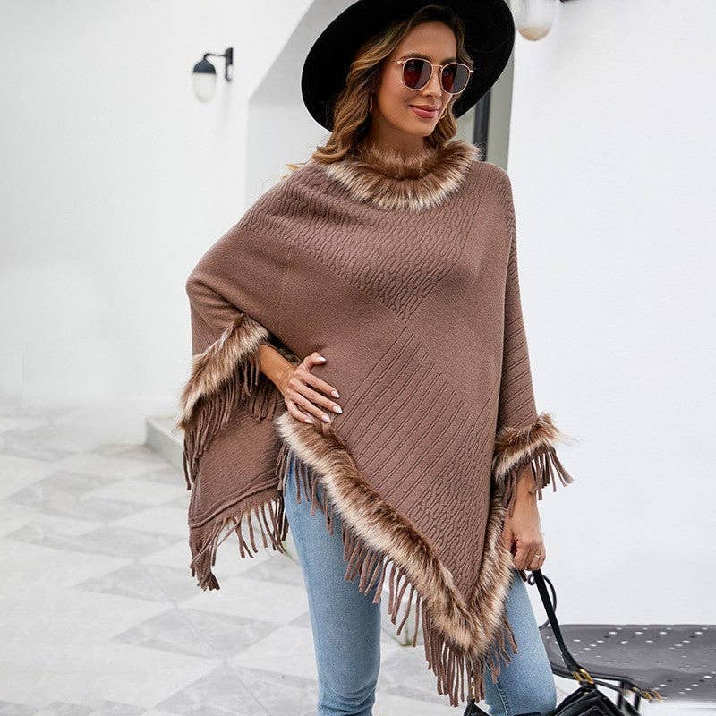 OceanusSwim - Vendita all'ingrosso Poncho - Donna - Mantella con Frange Lavorata a Maglia Donna Colore Solido Poncho Ampio Cappotto5