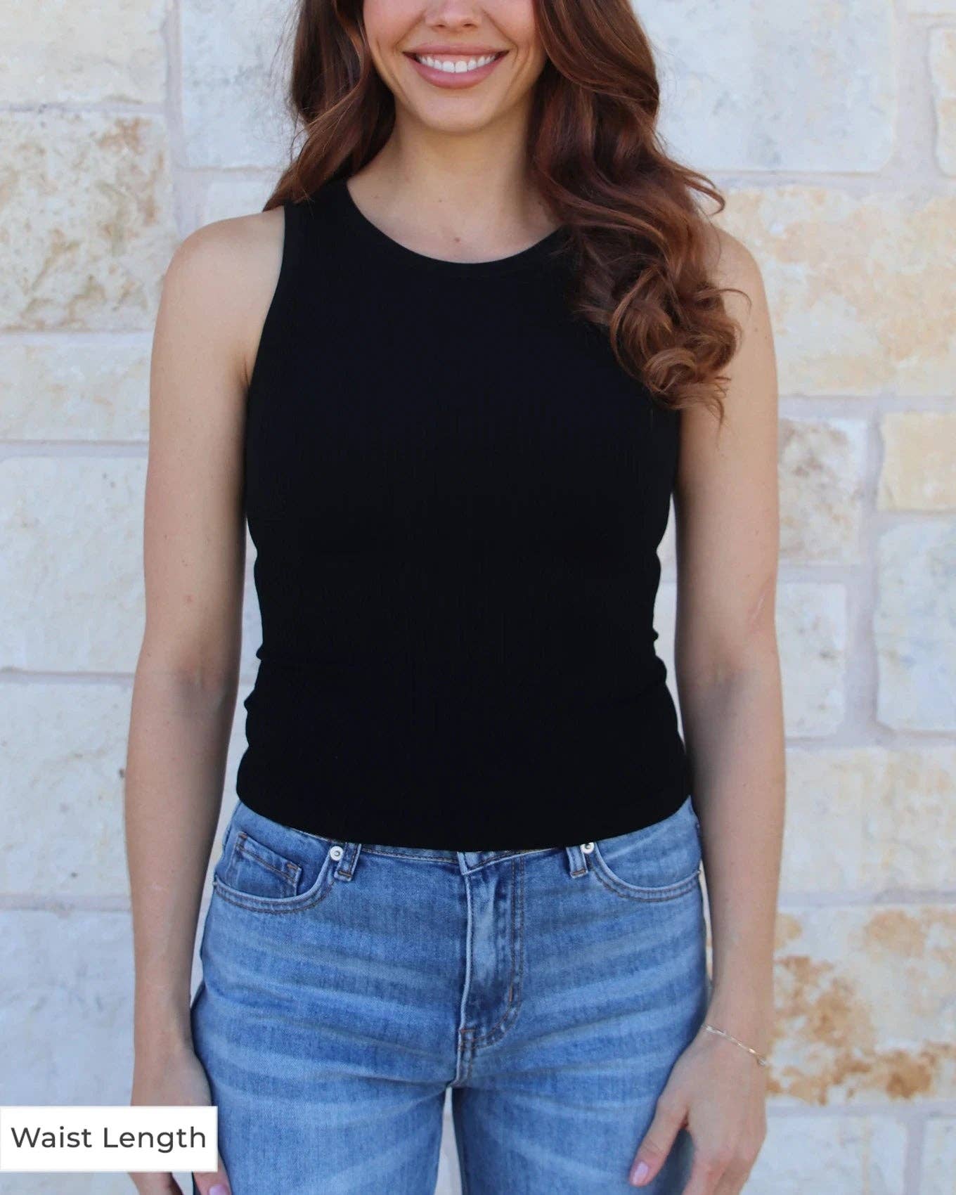 Waist Length High Neck Brami Tank in Black for wholesale on Faire