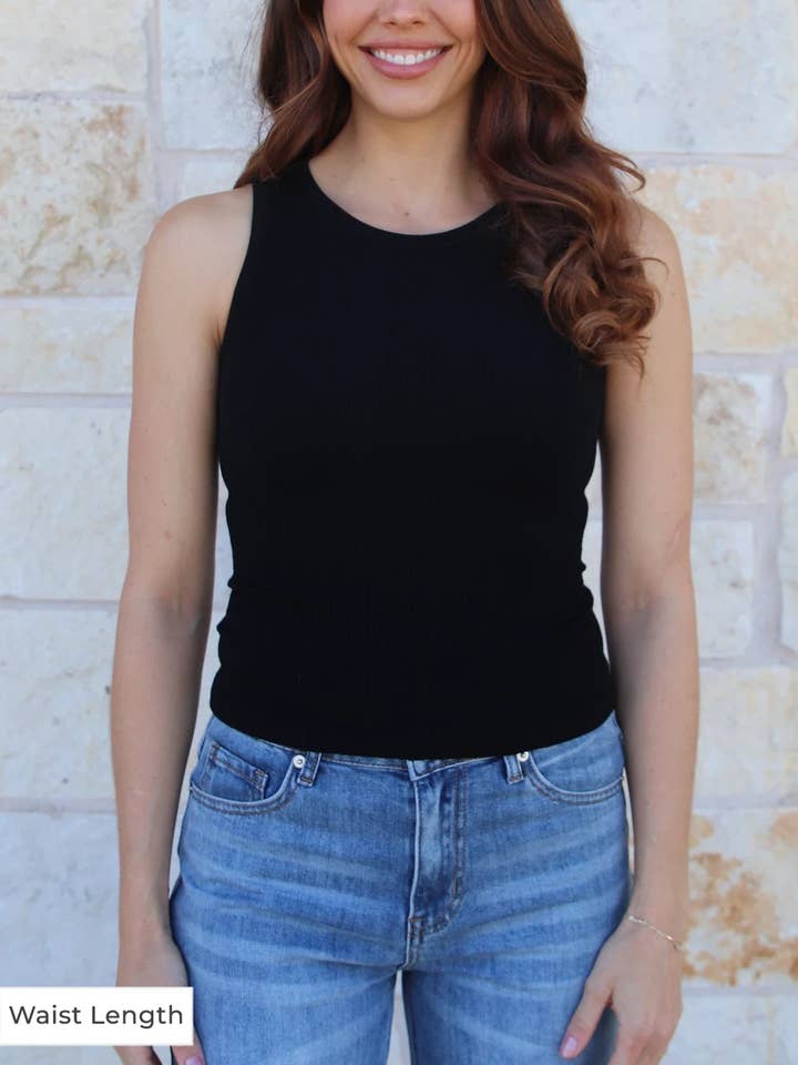 Waist Length High Neck Brami Tank in Black for wholesale on Faire0