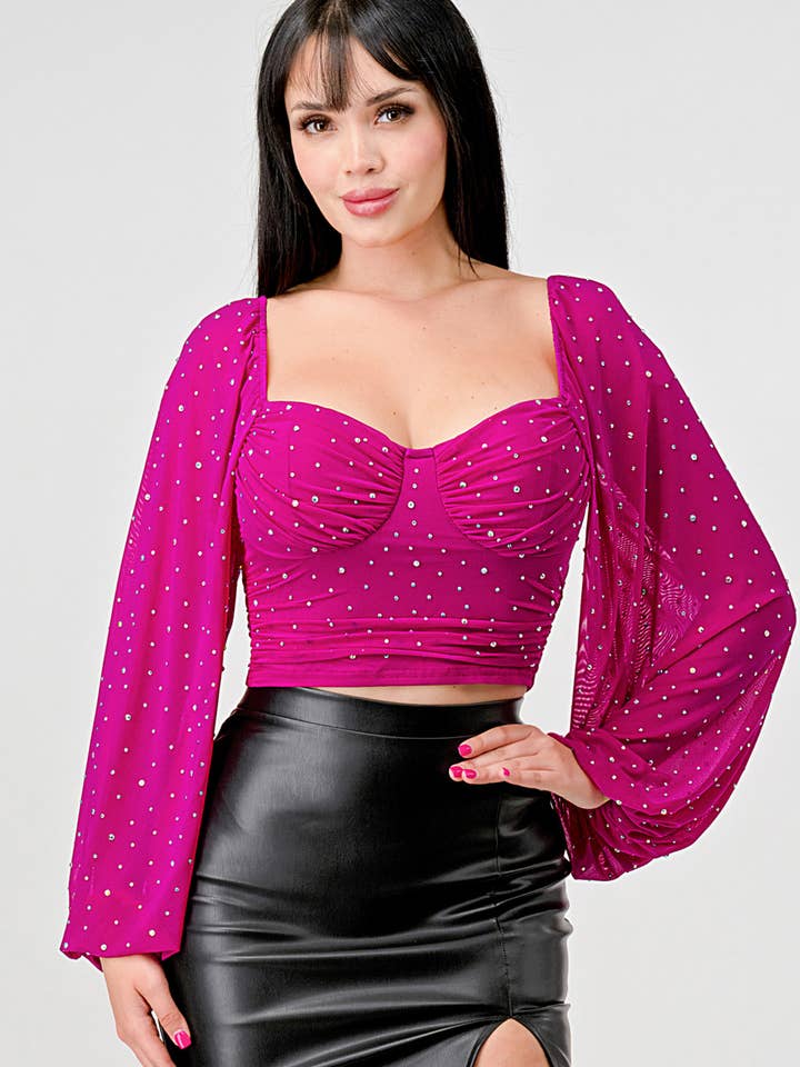 RHINESTONES MESH SWEETHEART PEASANT SLEEVES ZIPUP BACK for wholesale by PRIVY