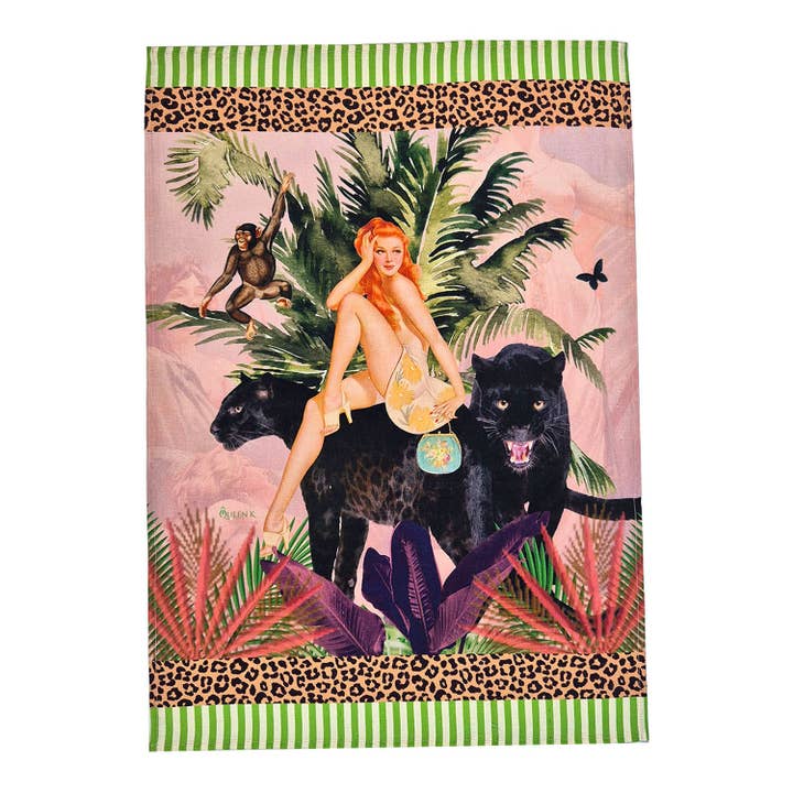 Jungle Walk Pink Wild Glamour 100% Linen Tea Towel for wholesale by Queen K