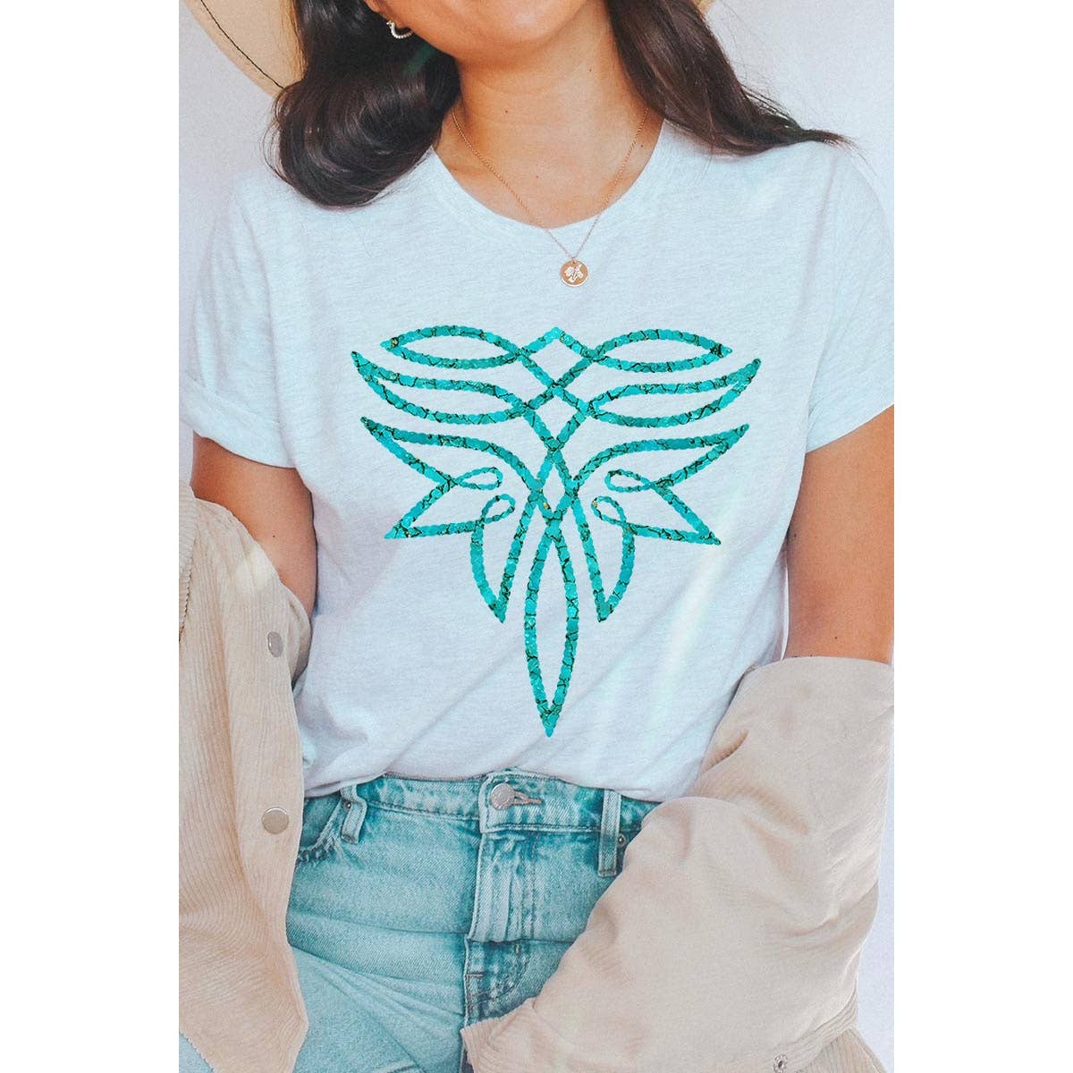 COLORBEAR - Vente T-shirt à imprimés – femme - T-shirts graphiques turquoises au point de botte - Mélange chiné noir0