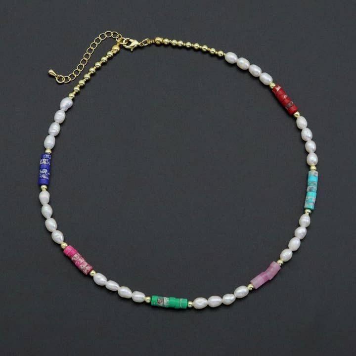 Colorful Gemstone with Freshwater pearl necklace, sku#EF555 for wholesale by BestBeads&Beyond
