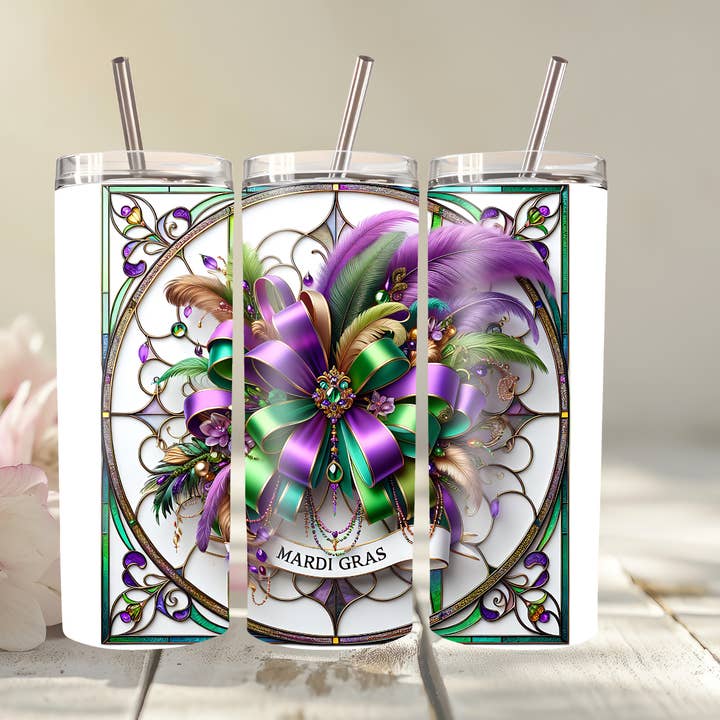 Mardi Gras 3D Bow and Beads Skinny Tumbler for wholesale by JAC Wholesale