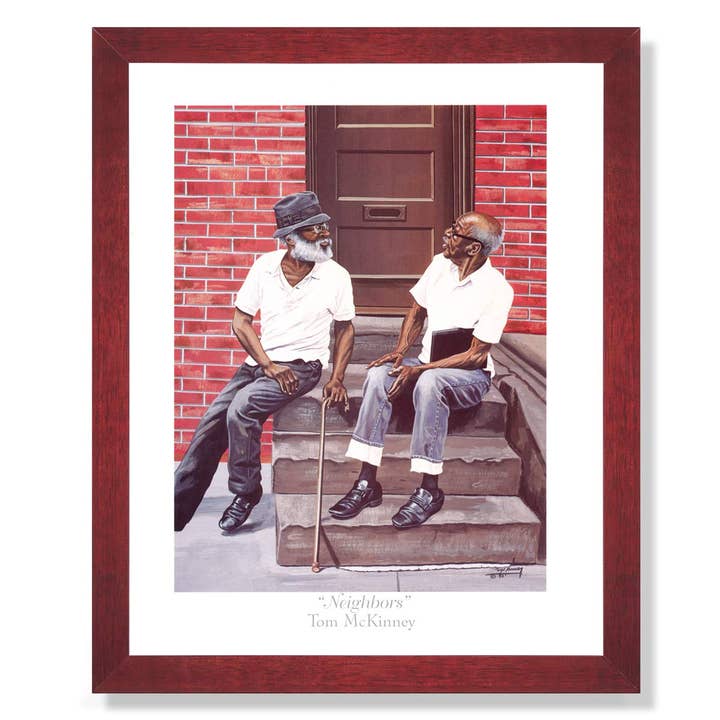 African American Neighbors by Tom McKinney Old Men Sitting On Steps Art Print 16x20 Cherry Frame with Real Glass for wholesale by Unlimited Potential LLC