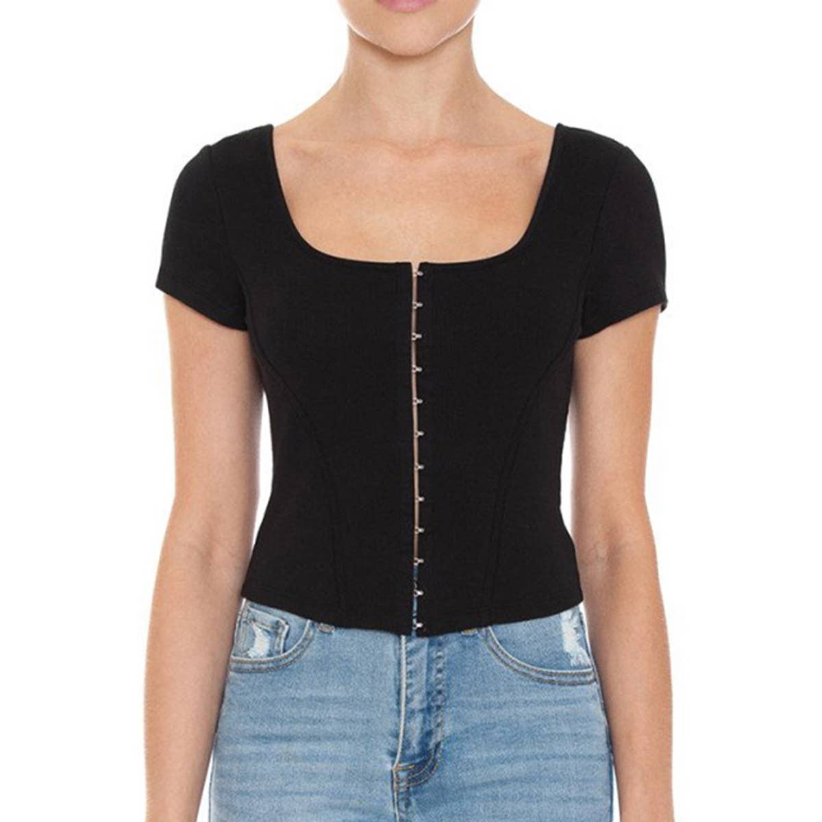 Timeless - Wholesale Knit Top - Women's - SQUARE NECK HOOK AND EYE BUSTIER SHORT SLEEVE TOP2
