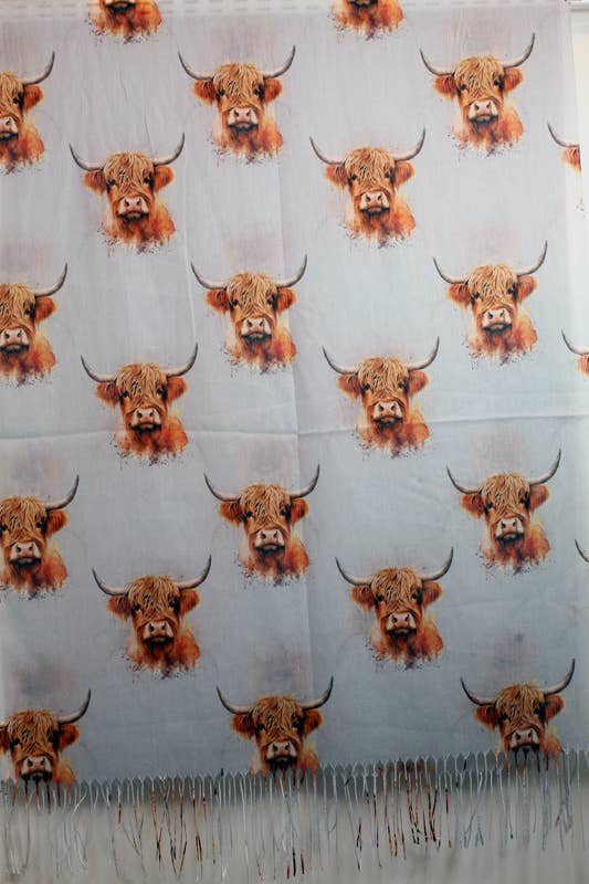 Western Counties Wholesale - Wholesale Scarf - Women's - 100% Polyester Highland Cows Print Pale Grey Scarf 1