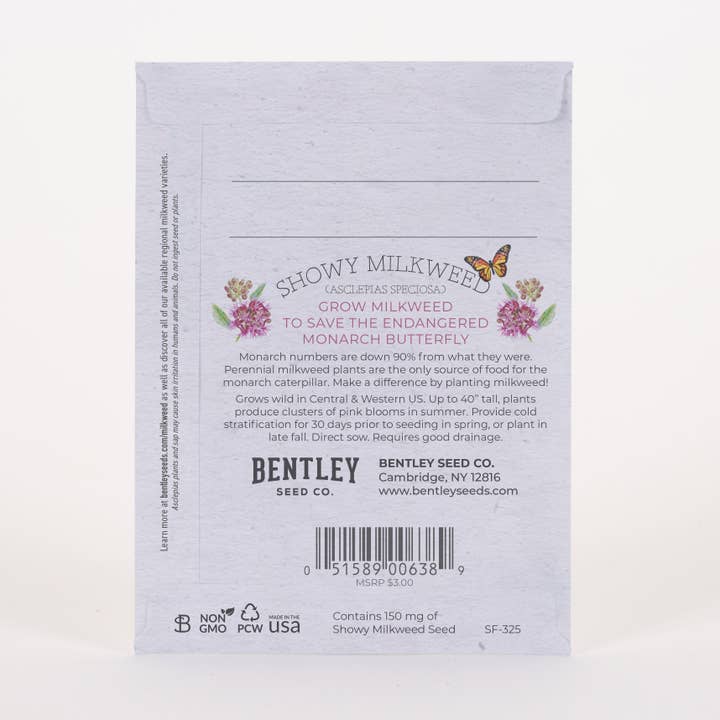Bentley Seed Co. - Vente Graines de plantes - Sachets de graines d'asclépiade pour papillons Showy