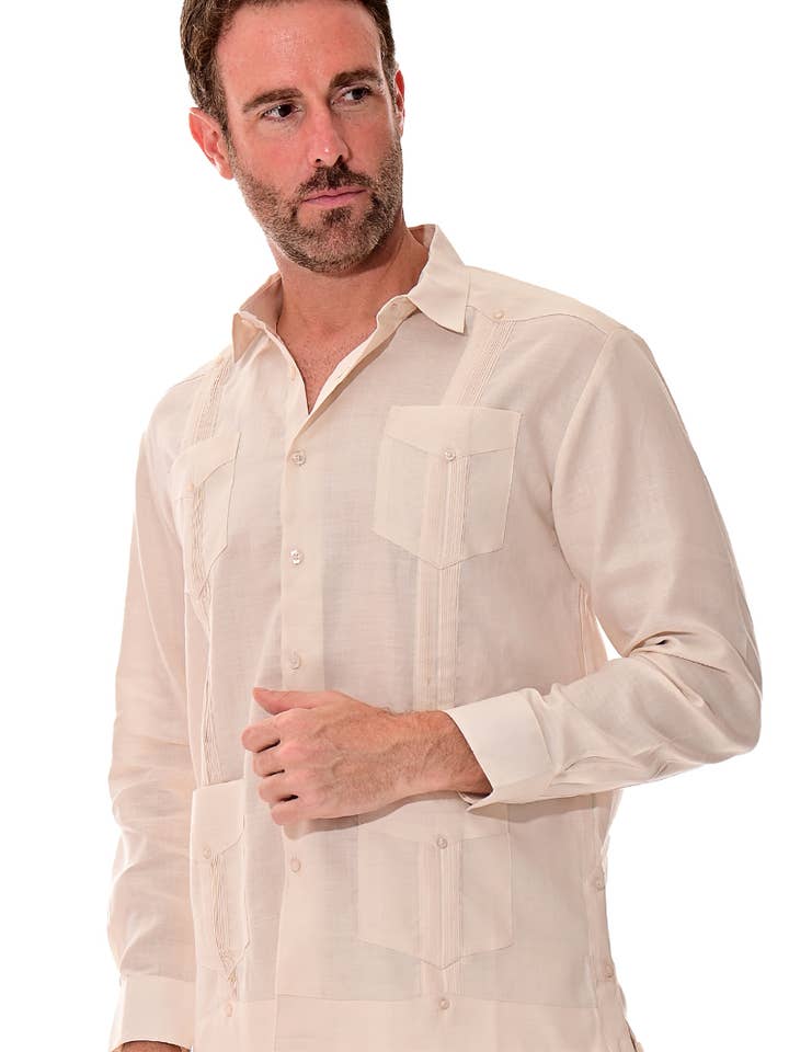 Guayabera de Linho Masculina de Manga Comprida com 4 Bolsos MLS501-B M-XXL por atacado de Azucar & Bohio