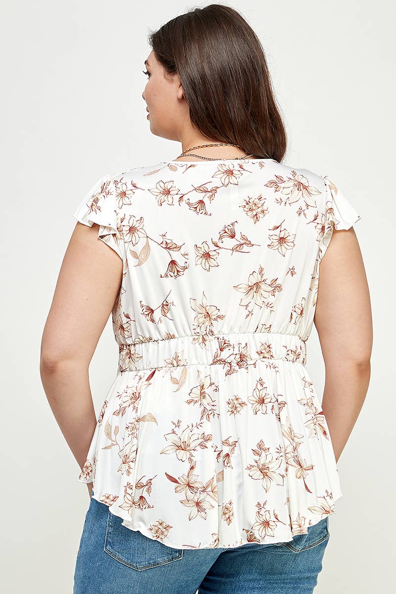 Off White Plus Size Floral Ruffle Babydoll Top KY18037-T for wholesale on Faire4