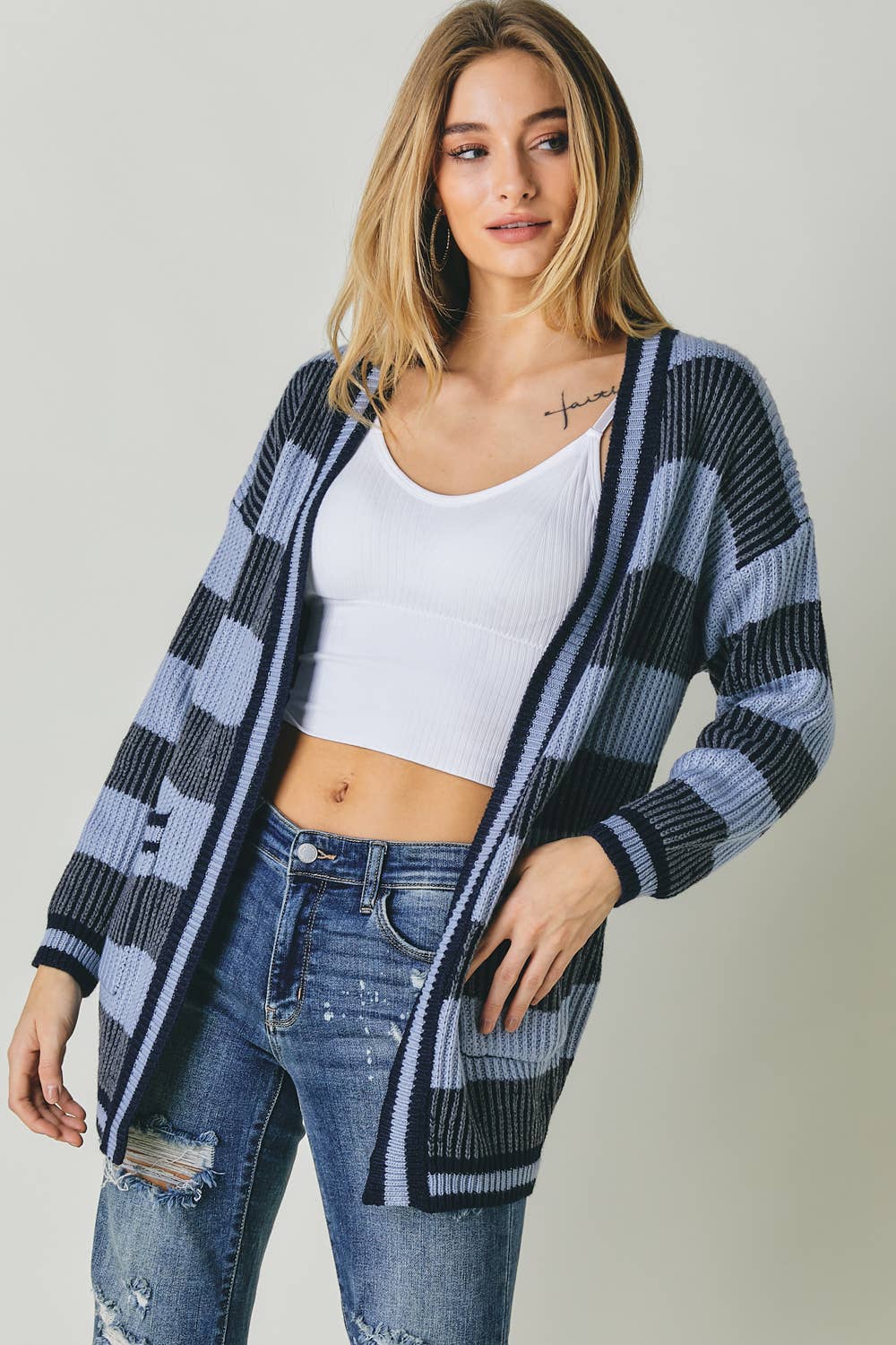 Navy STRIPE LONG SLEEVE CARDIGAN WITH POCKETS for wholesale on Faire7