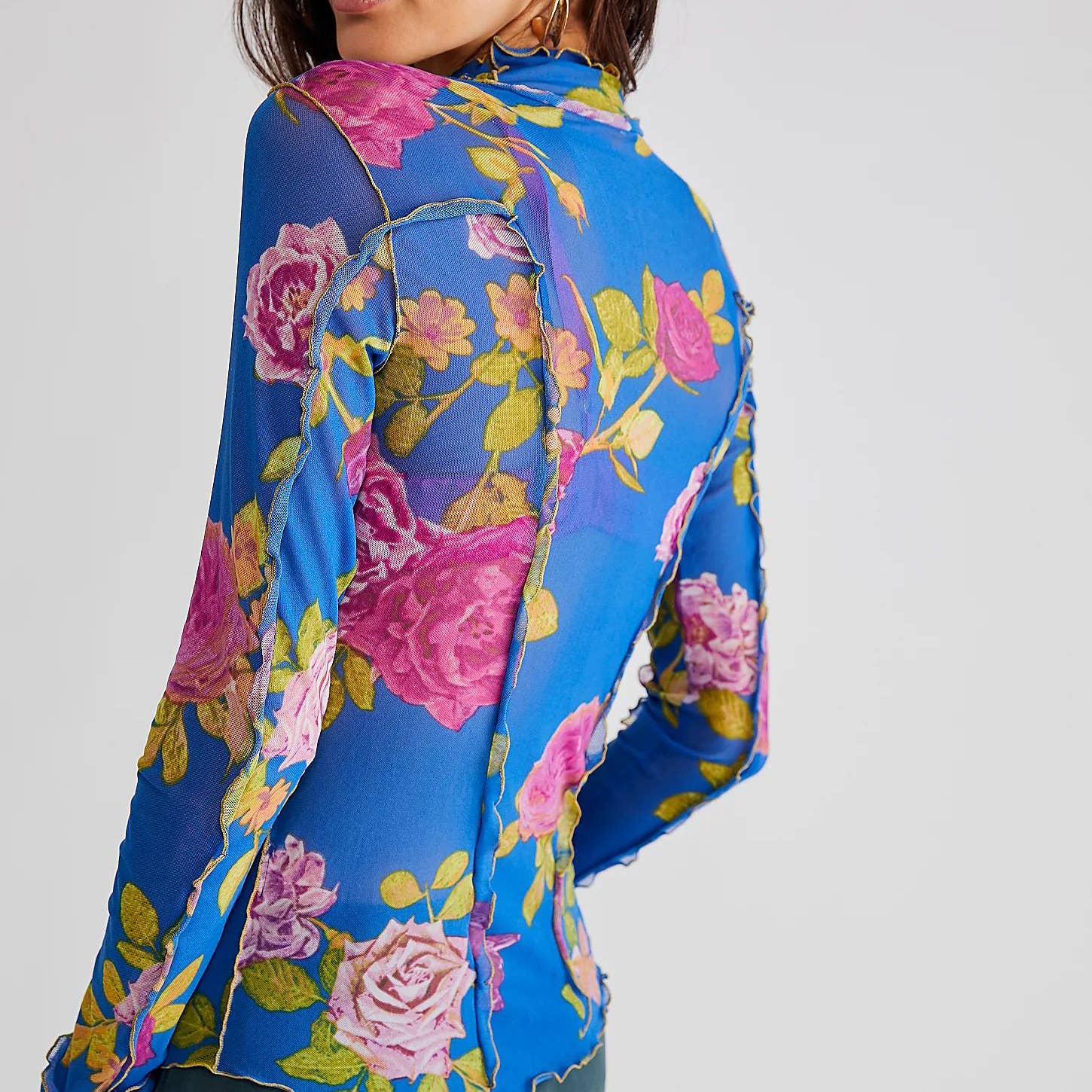 Rosa Clothing - Wholesale Knit Top - Women's - Slim-Fit Sheer Botanical Floral Print Turtleneck Top8