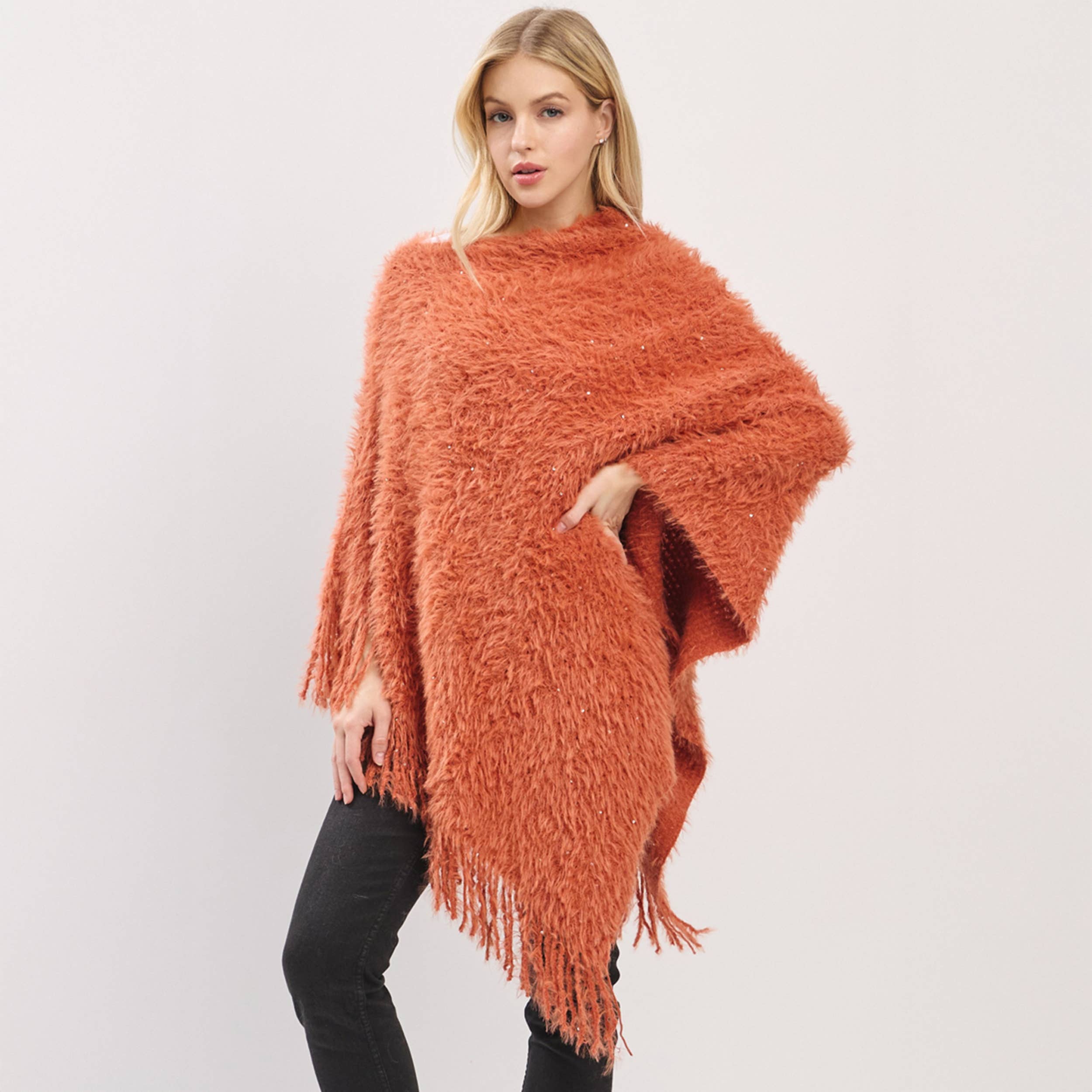 Hana – wholesale Poncho – Women's – Fuzzy Sequin with Fringe Light Weight Poncho0