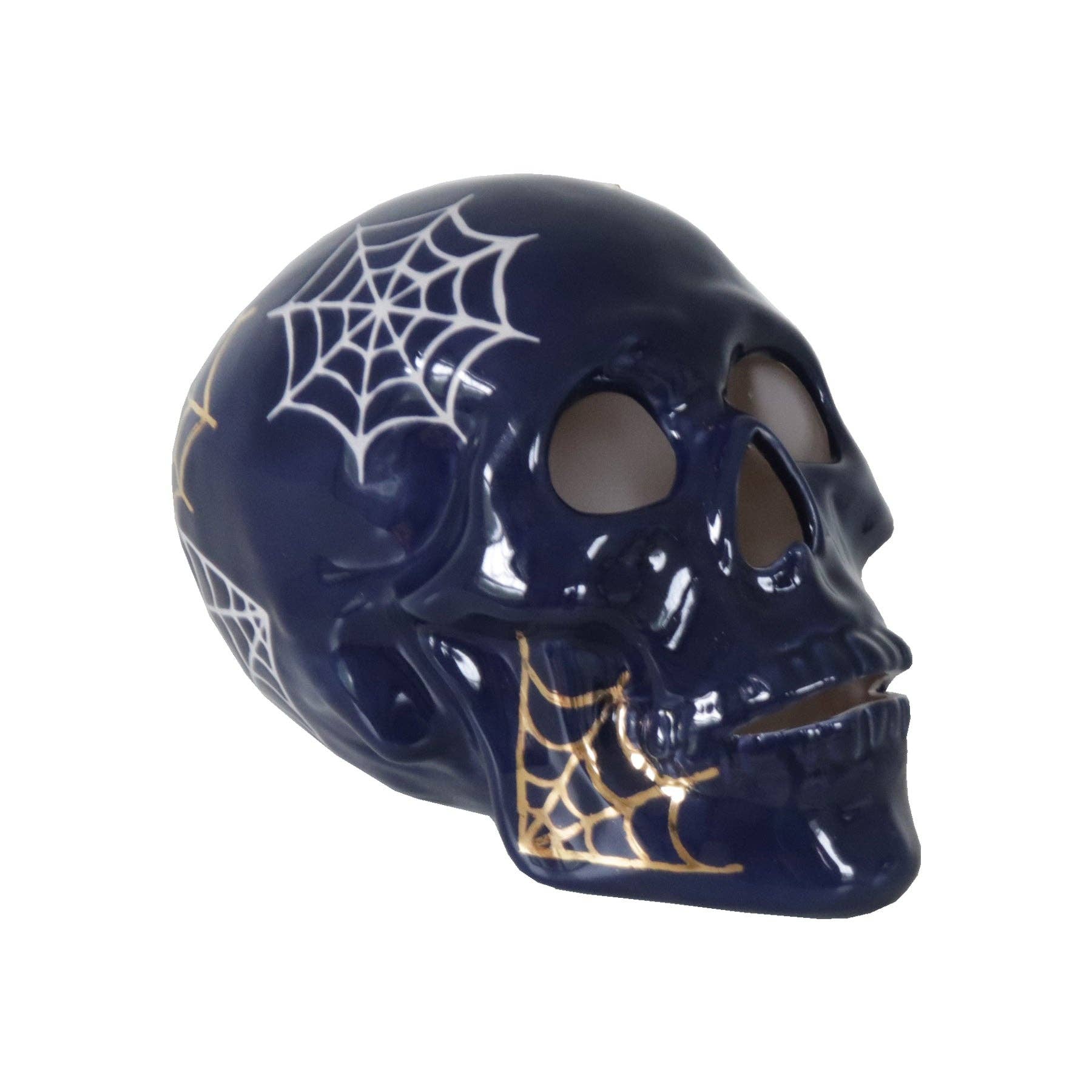 Lo Home | Ruby Clay - Wholesale Decorative Tabletop Object - "Mr. Bones and Charlotte" Skull Decor with 22K Gold Accents- Navy Blue1