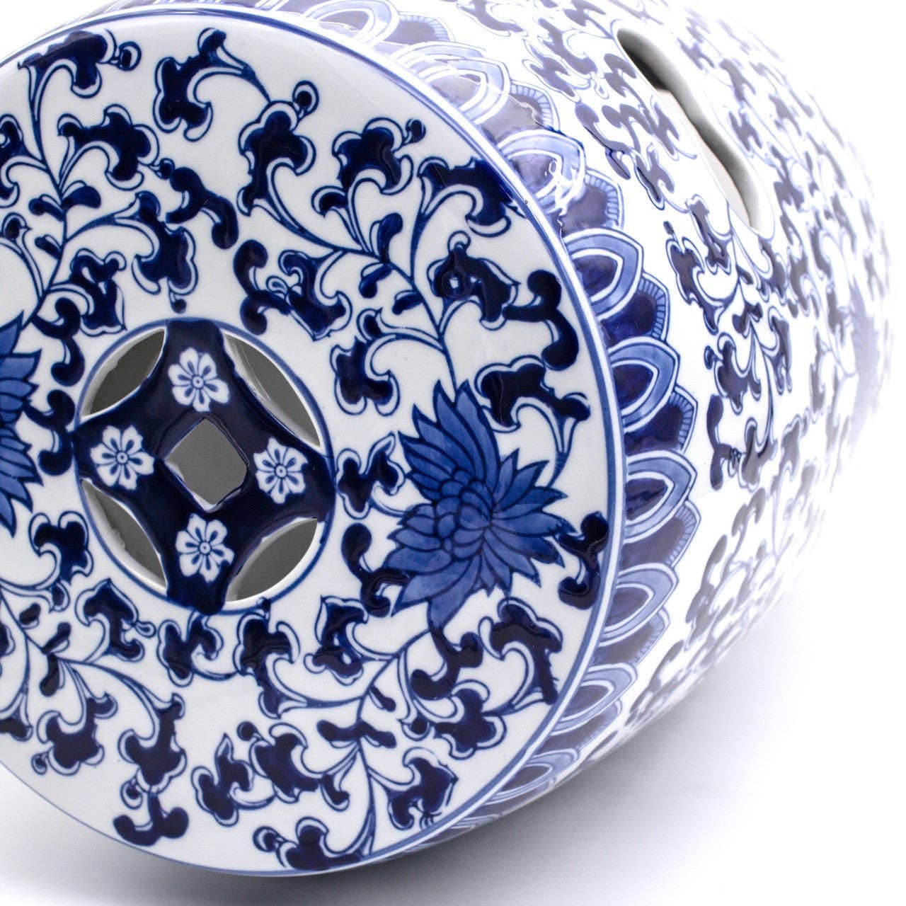 Euro Ceramica Home | ClayBarn - Wholesale Stool - Blue Garden Lotus Hand Painted Ceramic Drum Stool 16''Height2