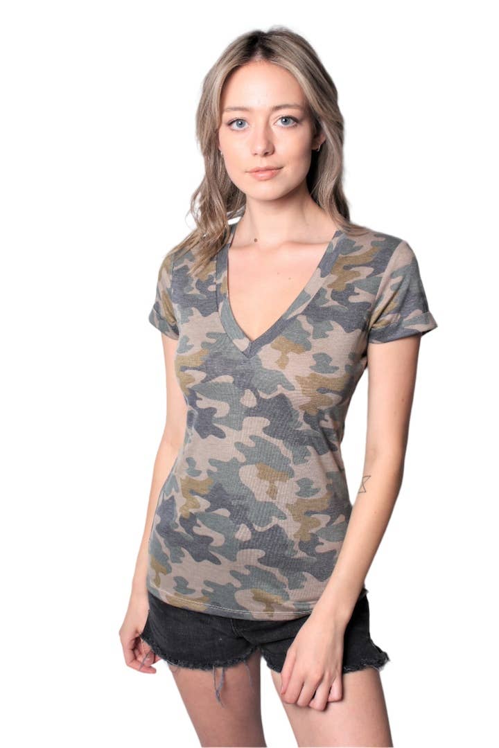 Good Stuff Apparel - Wholesale Shirt - Women's - Women's Short Sleeve V Neck Body Fit Camo Top