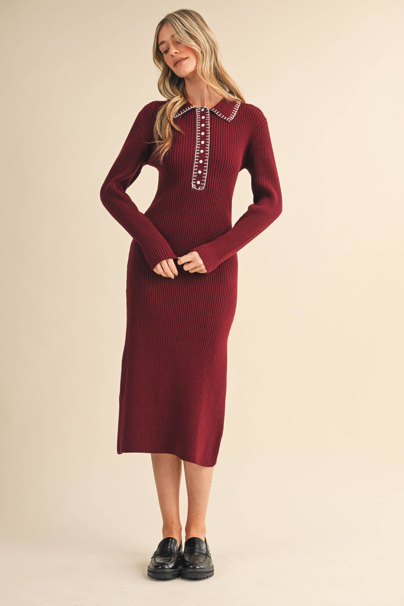 &MERCI - Wholesale Dress - Women's - RIBBED SWEATER MIDI DRESS WITH CONTRAST STITCH MSW1123226