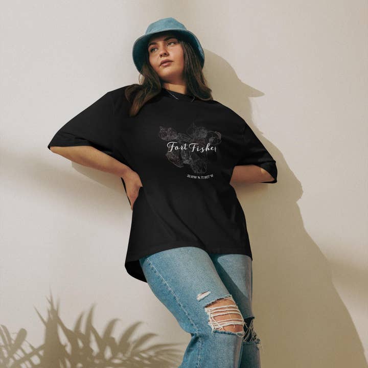 Jade Meraki Studios – wholesale Screen printed t-shirt – Women′s – Original Fort Fisher Coordinates Oversized Tee