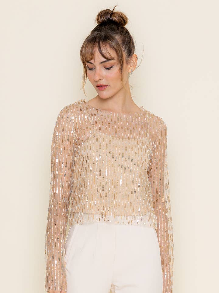 CHIC GOLD INTRICATE BEADED MESH LONG SLEEVE TOP-TI5688FO for wholesale on Faire