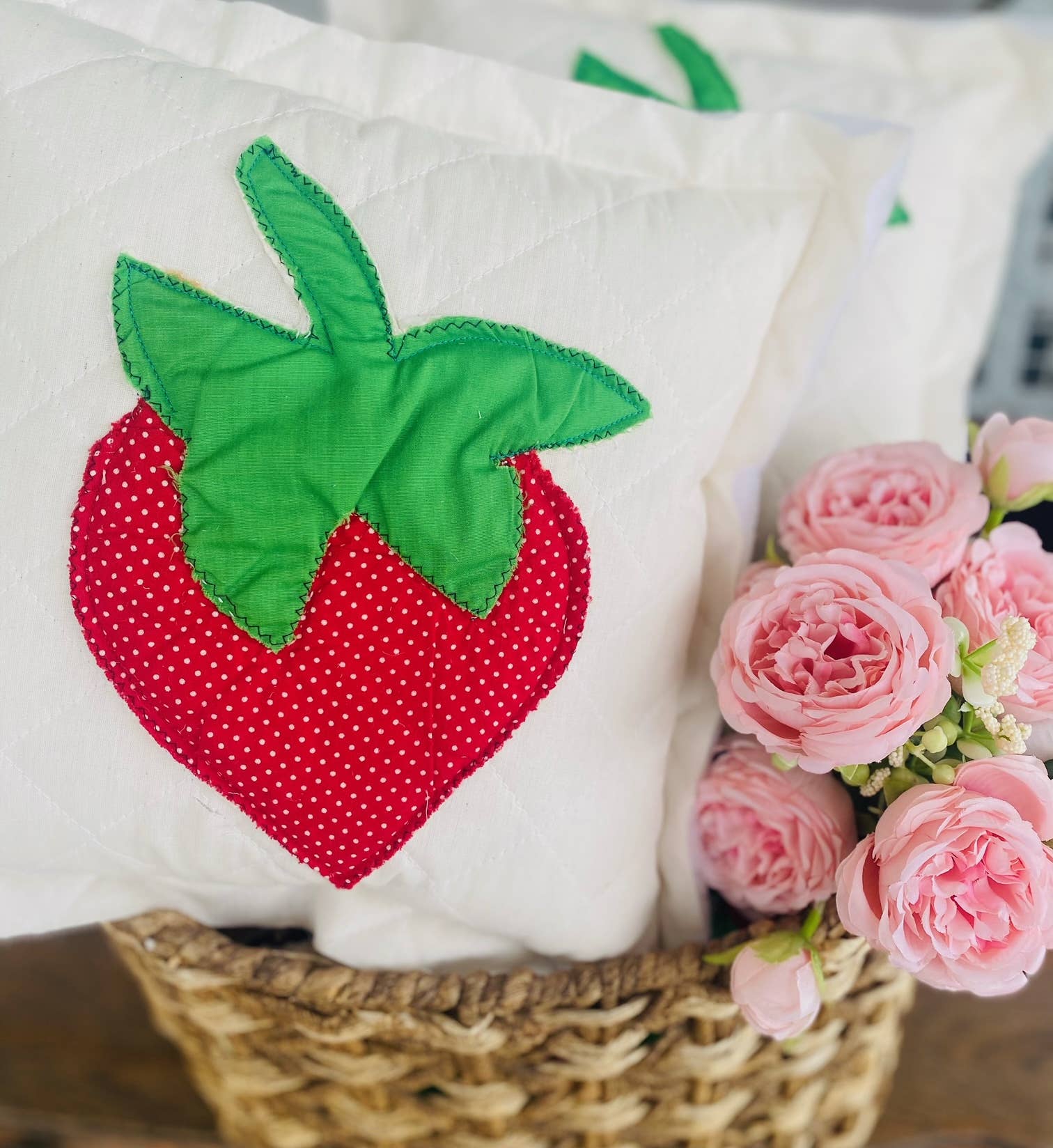 A Gnome on the Roam - Wholesale Throw/Decorative Pillow - Handcrafted Mini Upcycle Pillow Vintage Quilted Strawberry 3