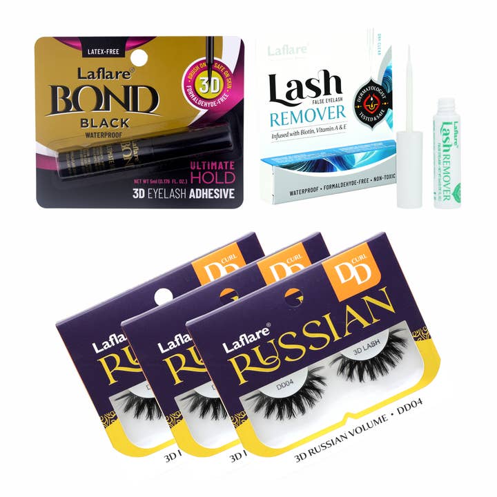 Laflare – wholesale Lösögonfransar – 3D ryska (MAX) volymmässiga, fluffiga, dramatiska, lätta, handgjorda DD Curl fransar 3 förpackningar med franslim och borttagare Allt i ett komplett kit
