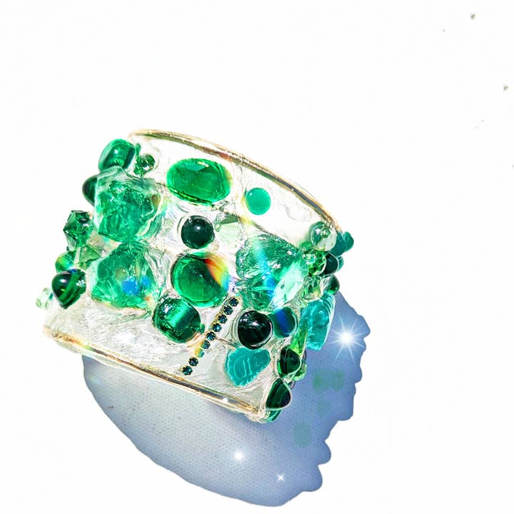 Gay Isber Designs - Wholesale Cuff Bracelet - Emerald Green Clear Confetti 2.5 inch wide Clear Resin Cuff Bracelet Vintage Swarovski Faceted Stones Handmade Sustainable USA Sugar Gay Isber
