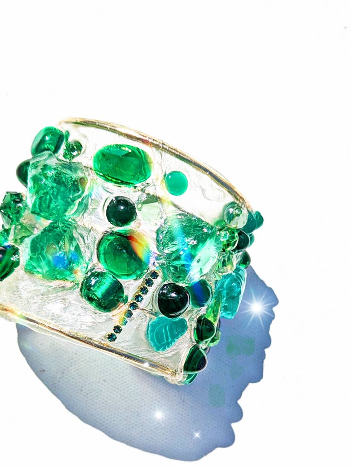 Emerald Green Clear Confetti 2.5 inch wide Clear Resin Cuff Bracelet Vintage Swarovski Faceted Stones Handmade Sustainable USA Sugar Gay Isber for wholesale by Gay Isber Designs