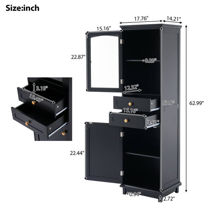 Orange County Decor - Wholesale Cabinet - 63" Tall Bathroom Storage Cabinet With Glass Doors, Free Standing, Two Drawers, And Adjustable Shelves, Mdf Board, Painted Black Perfect For Displaying Your Favorite Items 2 Black 2 4 Adjustable7