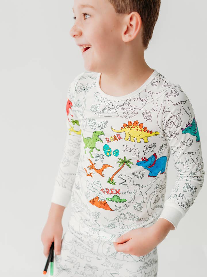 Dinosaur Coloring Pajamas 2 piece set made from Bamboo for wholesale by Bee Colorful Co.