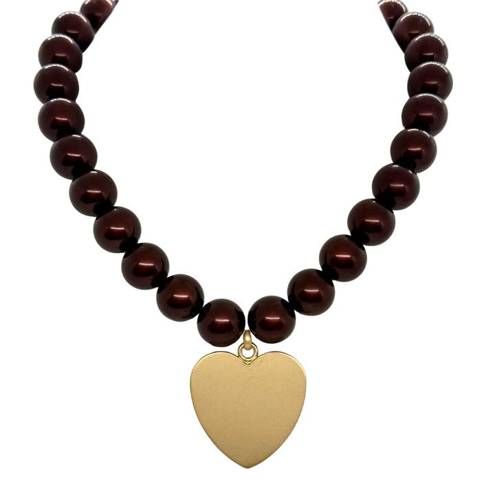 Burgundy Bubble Pearls With Large Matte Gold Heart Pendant for wholesale by Deborah Grivas Designs