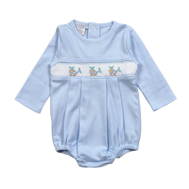 BLUE STRIPES HAND SMOCKED HELICOPTERS PIMA BUBBLE for wholesale by Hug Me First