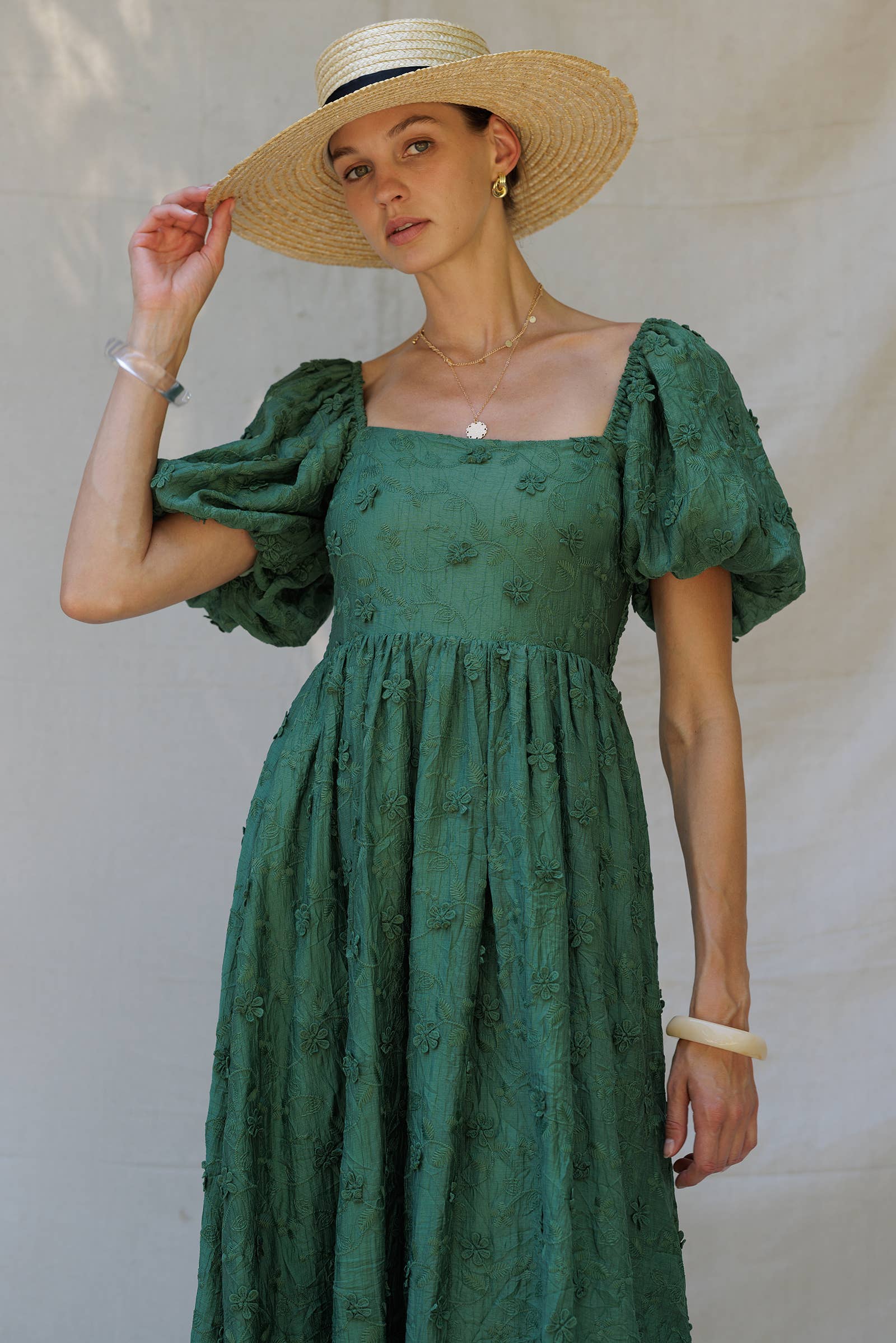 Endless Blu – wholesale Dress – Women's – YD5018 Embroidered Puff-Sleeve Midi Dress