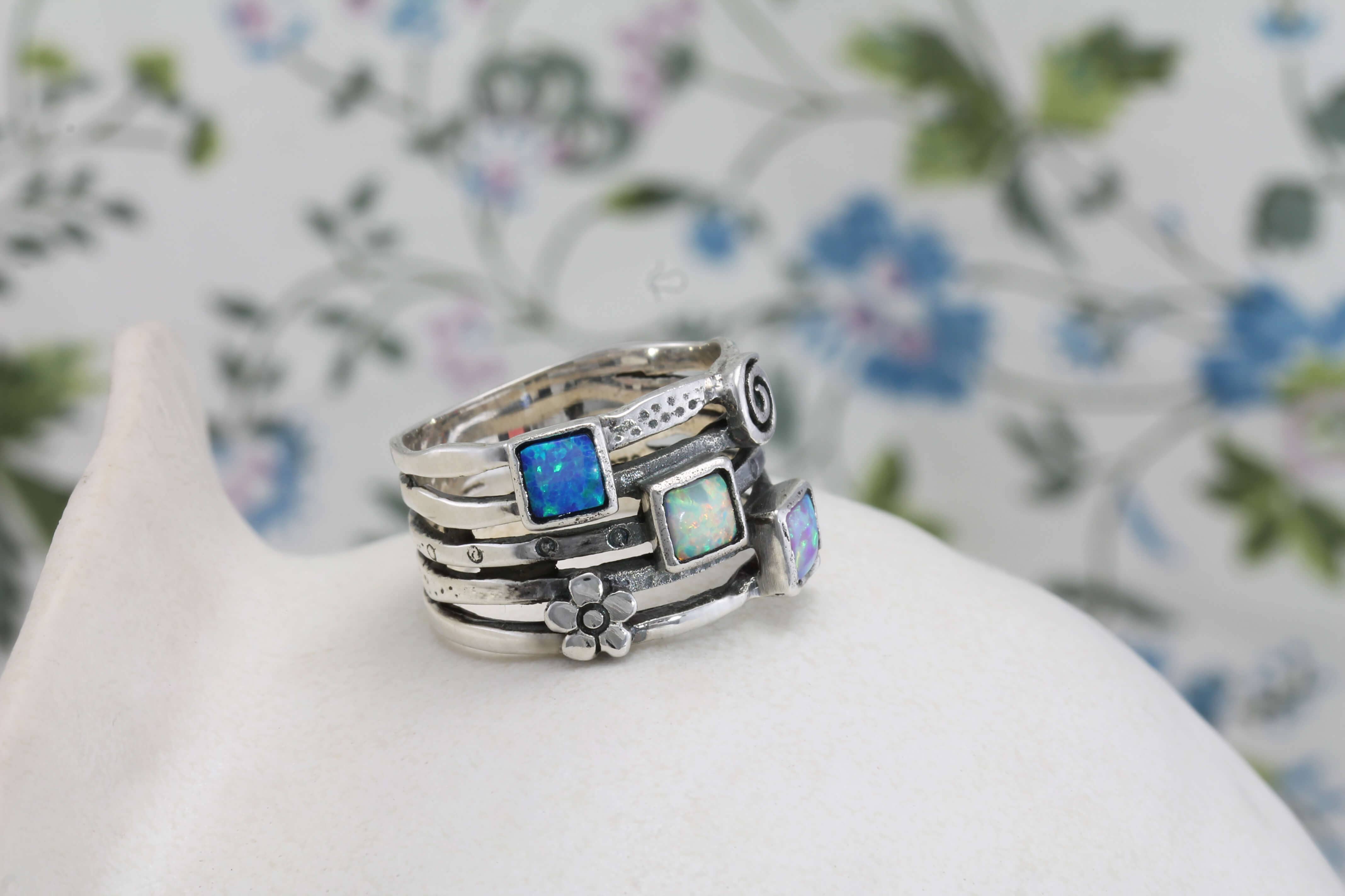 Banyan Jewellery - Wholesale Band/Stacked Ring - Handmade Sterling Silver Multi Opalite and Flower Ring 5